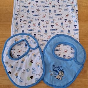 Kissy Kissy Pima Cotton Receiving Blanket & 2 Fisher Price Bibs Blue NWOT